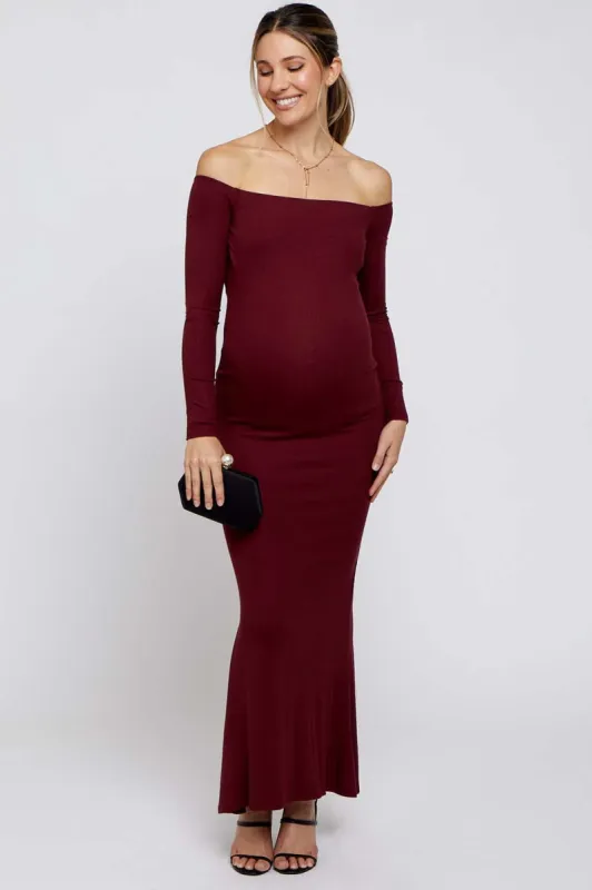 Burgundy Ribbed Off Shoulder Long Sleeve Maternity Maxi Dress sold by Pinkblush