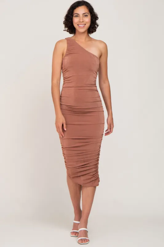 Brown One Shoulder Ruched Midi Dress sold by Pinkblush