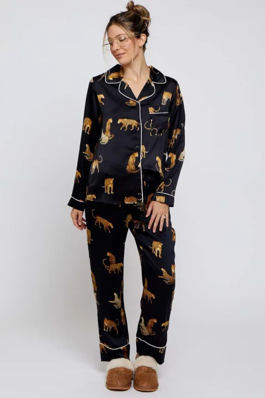 Black Satin Animal Print Maternity Pajama Set sold by Pinkblush