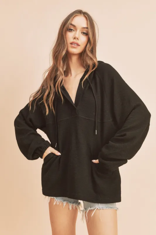 Black V-Neck Drawstring Hooded Top sold by Pinkblush