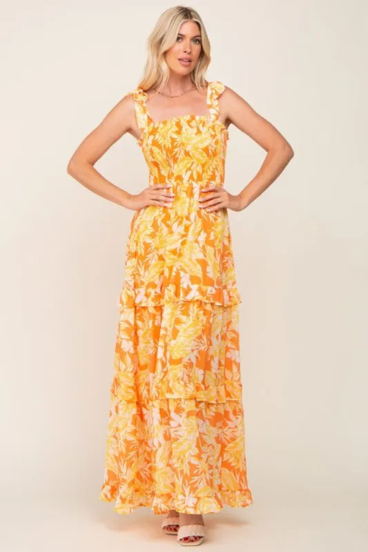 Yellow Leaf Print Shoulder Tie Tiered Dress sold by Pinkblush