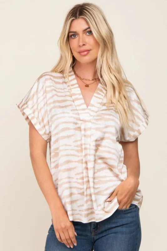 Beige Animal Print Split V-Neck Top sold by Pinkblush