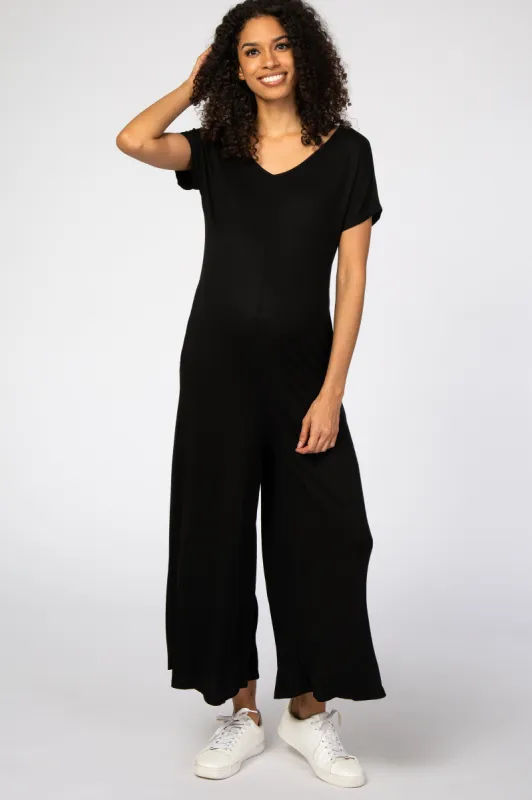 Black Short Sleeve Wide Leg Maternity Jumpsuit sold by Pinkblush