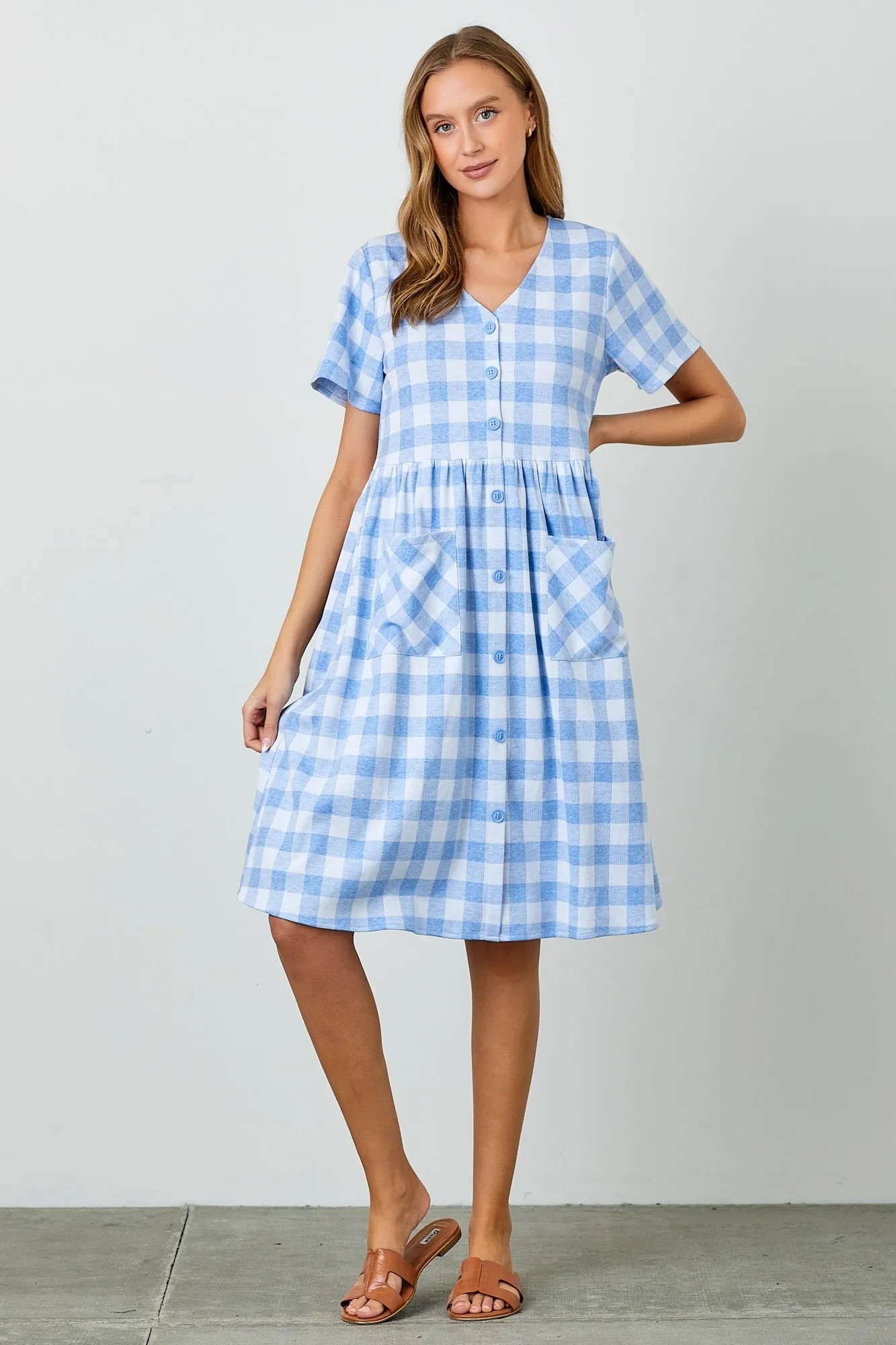 Blue Multi Gingham Button Front Dress sold by Pinkblush