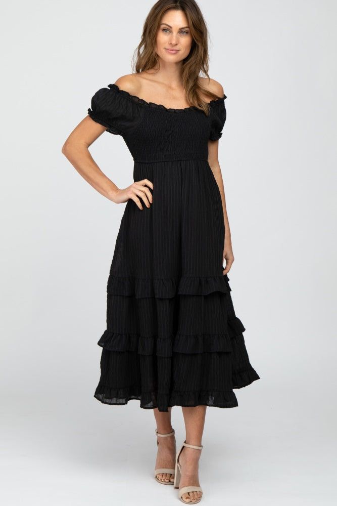 Black Smocked Ruffle Midi Dress sold by Pinkblush