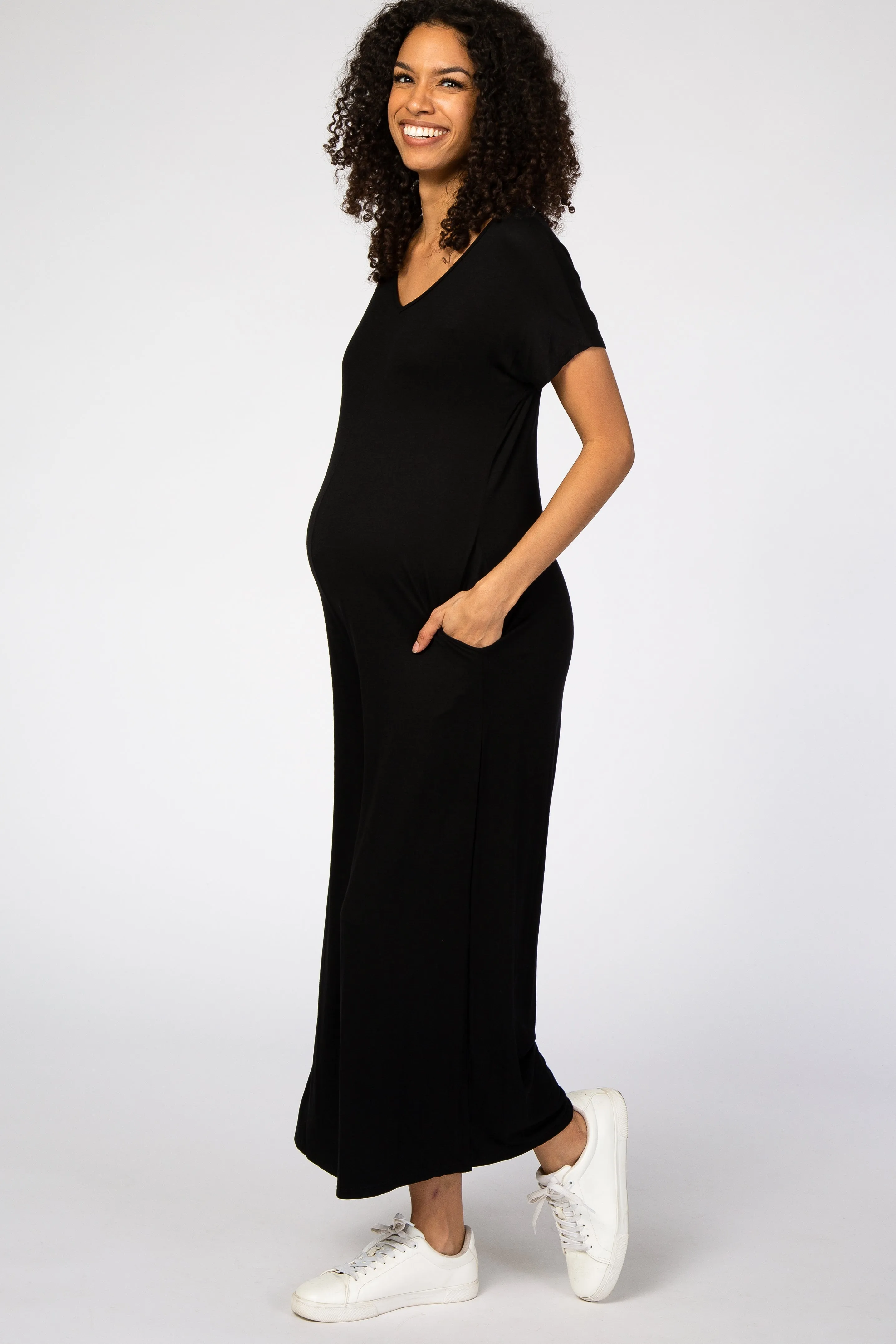 Black Short Sleeve Wide Leg Maternity Jumpsuit sold by Pinkblush product image thumbnail 2