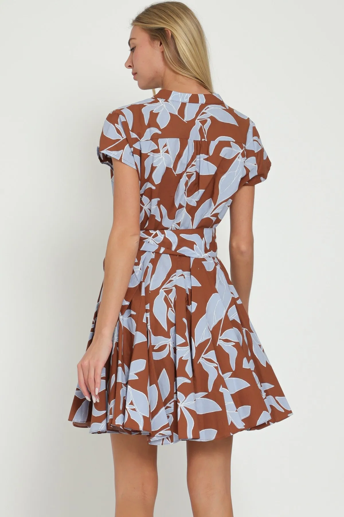 Brown Light Blue Cap Sleeve Button Down Belted Mini Dress sold by Pinkblush product image thumbnail 4