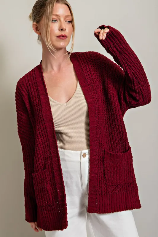 Burgundy Brushed Chenille Knit Cardigan sold by Pinkblush