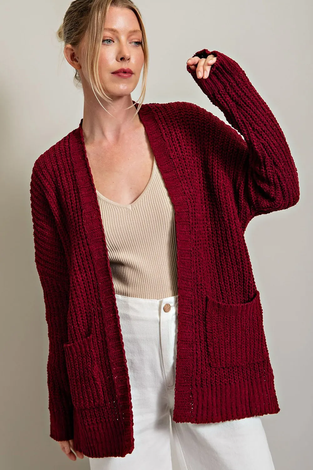 Burgundy Brushed Chenille Knit Cardigan sold by Pinkblush