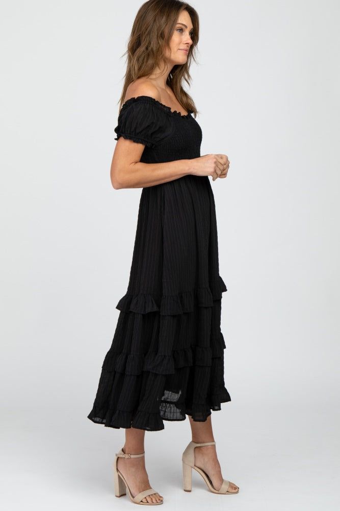 Black Smocked Ruffle Midi Dress sold by Pinkblush product image thumbnail 2