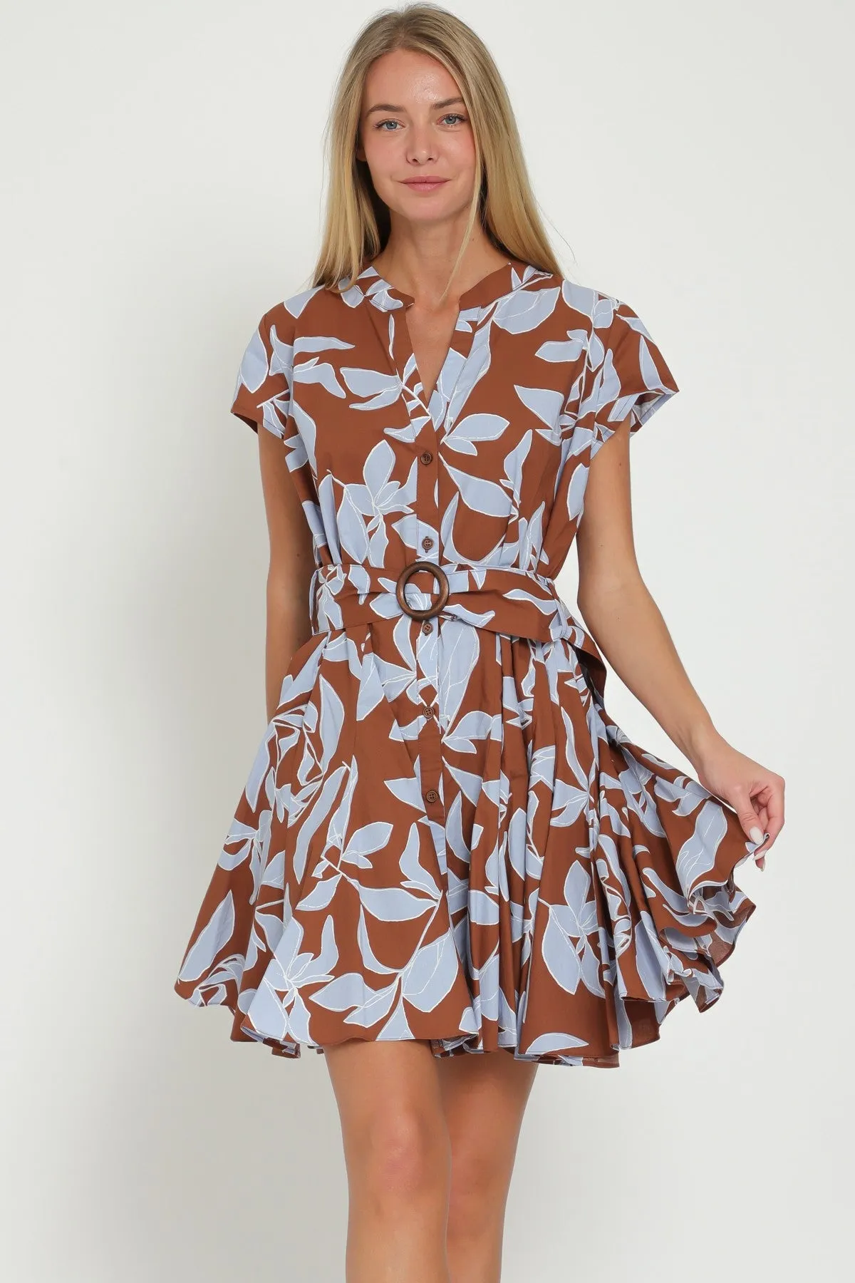 Brown Light Blue Cap Sleeve Button Down Belted Mini Dress sold by Pinkblush product image thumbnail 2