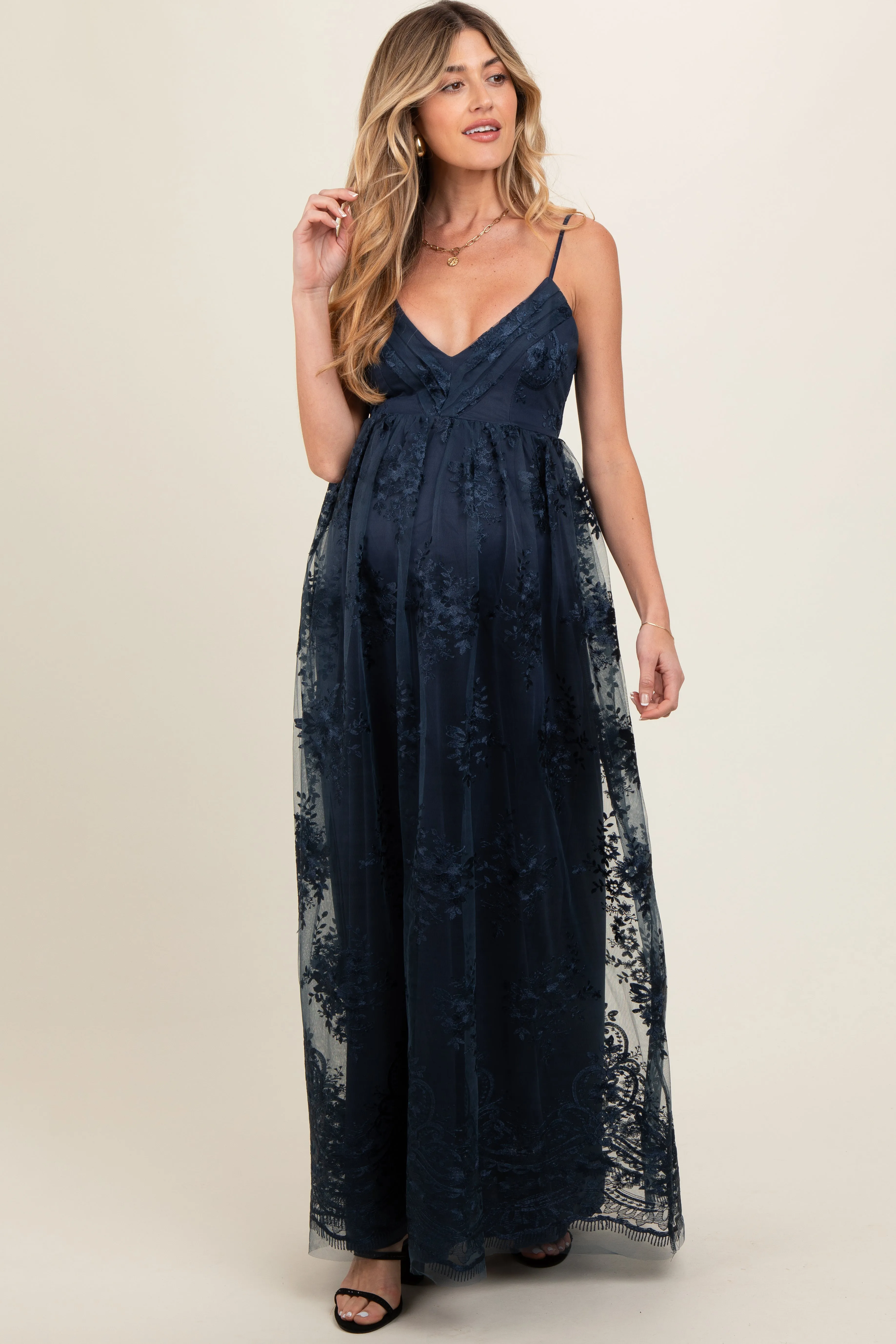 Navy Floral Lace Overlay Maternity Maxi Dress sold by Pinkblush product image thumbnail 3