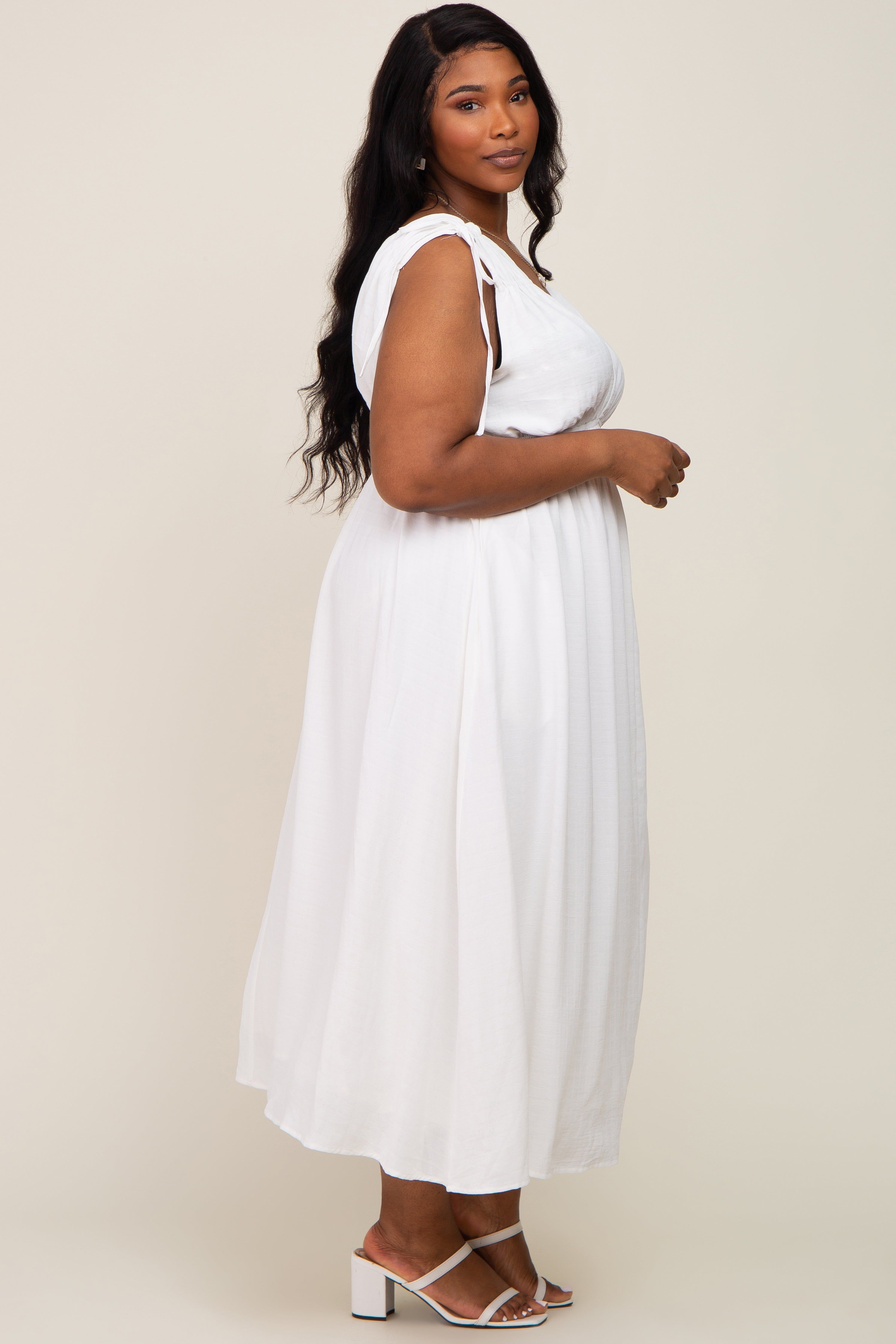 White V-Neck Drawstring Shoulder Plus Midi Dress sold by Pinkblush product image thumbnail 2
