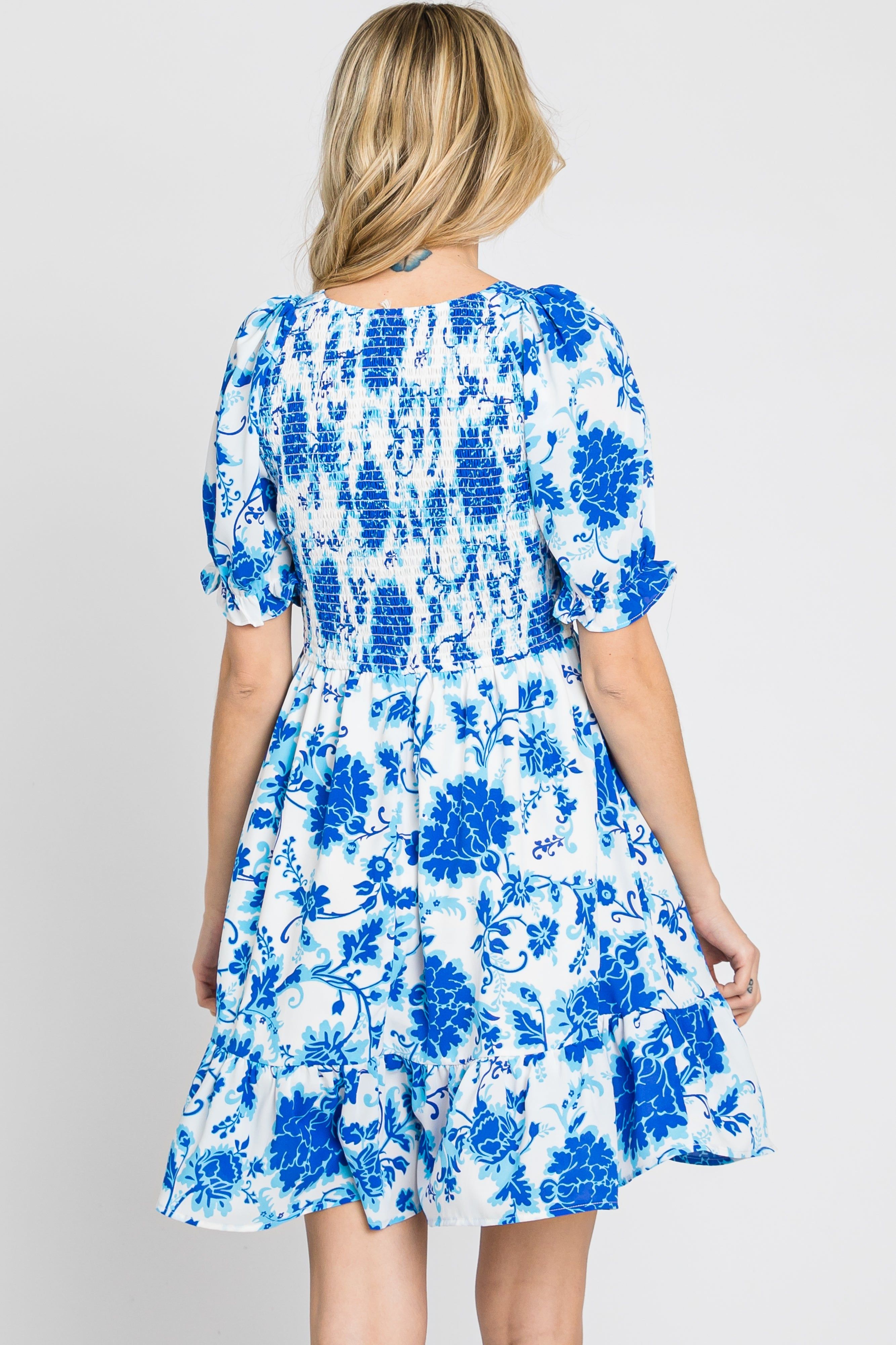 Blue Floral Smocked Puff Sleeve Dress sold by Pinkblush product image thumbnail 3