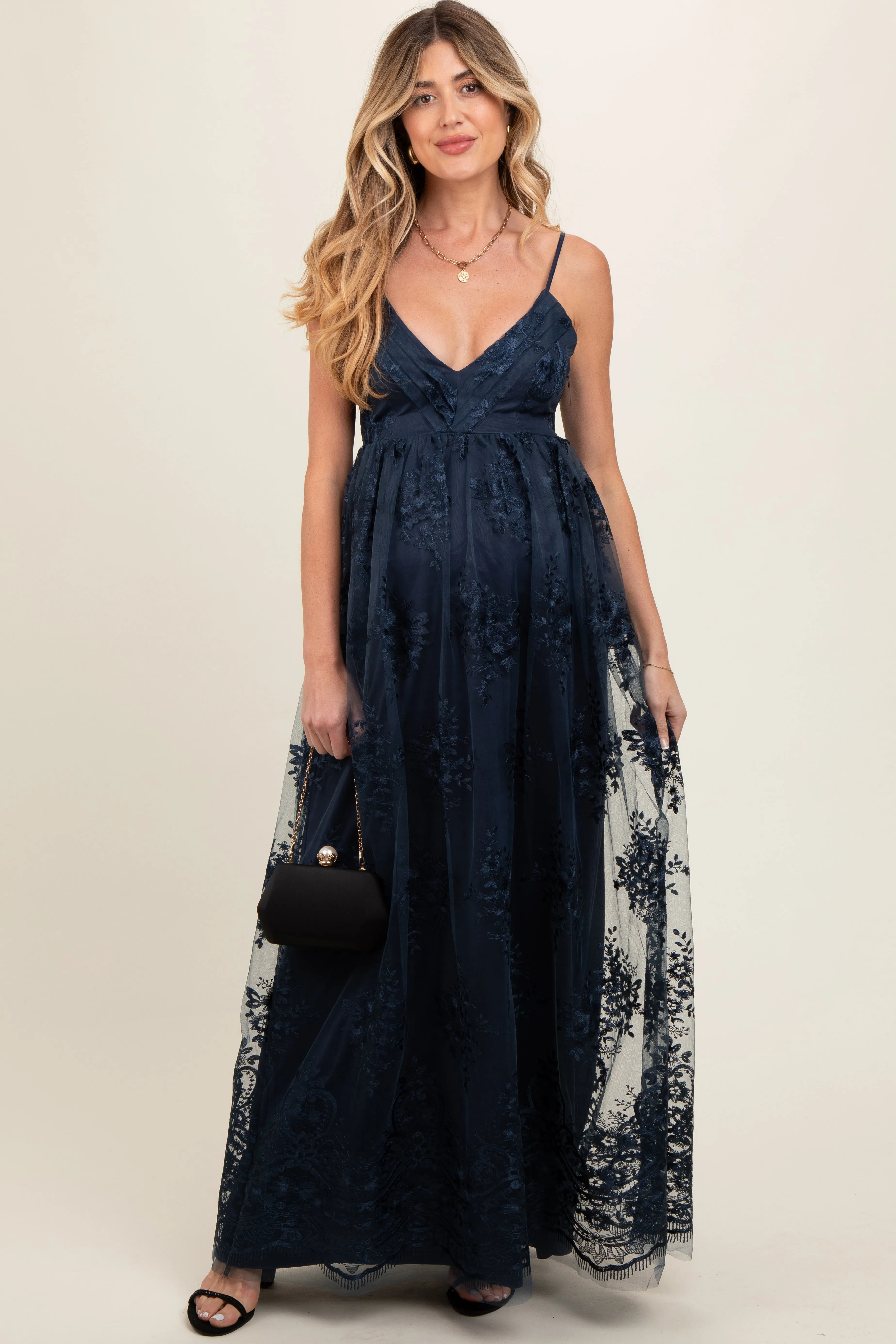 Navy Floral Lace Overlay Maternity Maxi Dress sold by Pinkblush