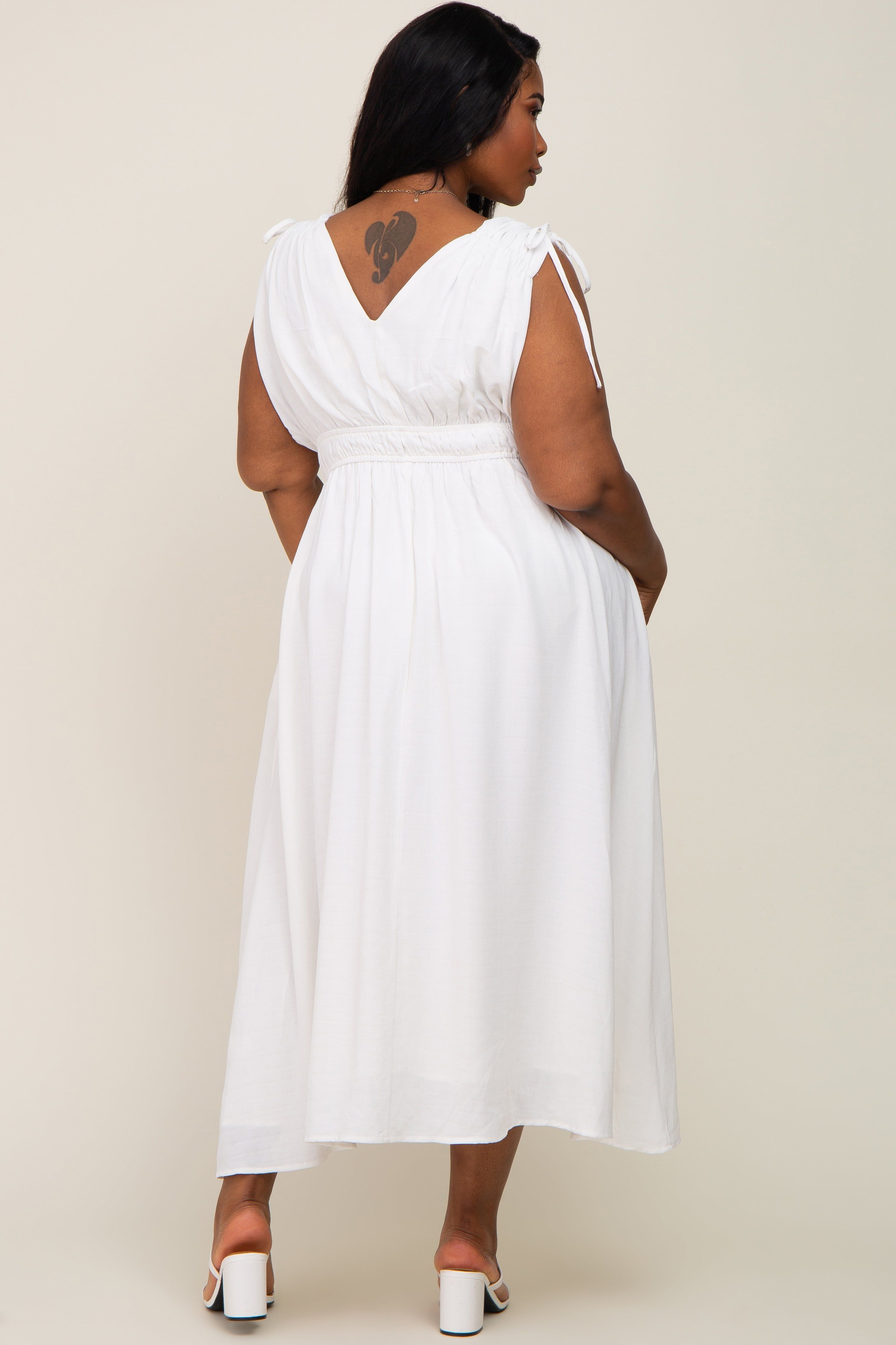 White V-Neck Drawstring Shoulder Plus Midi Dress sold by Pinkblush product image thumbnail 3