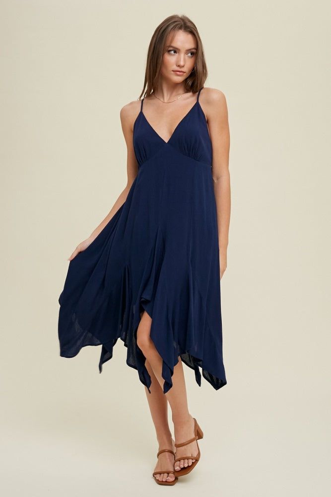 Navy Handkerchief Mini Dress sold by Pinkblush