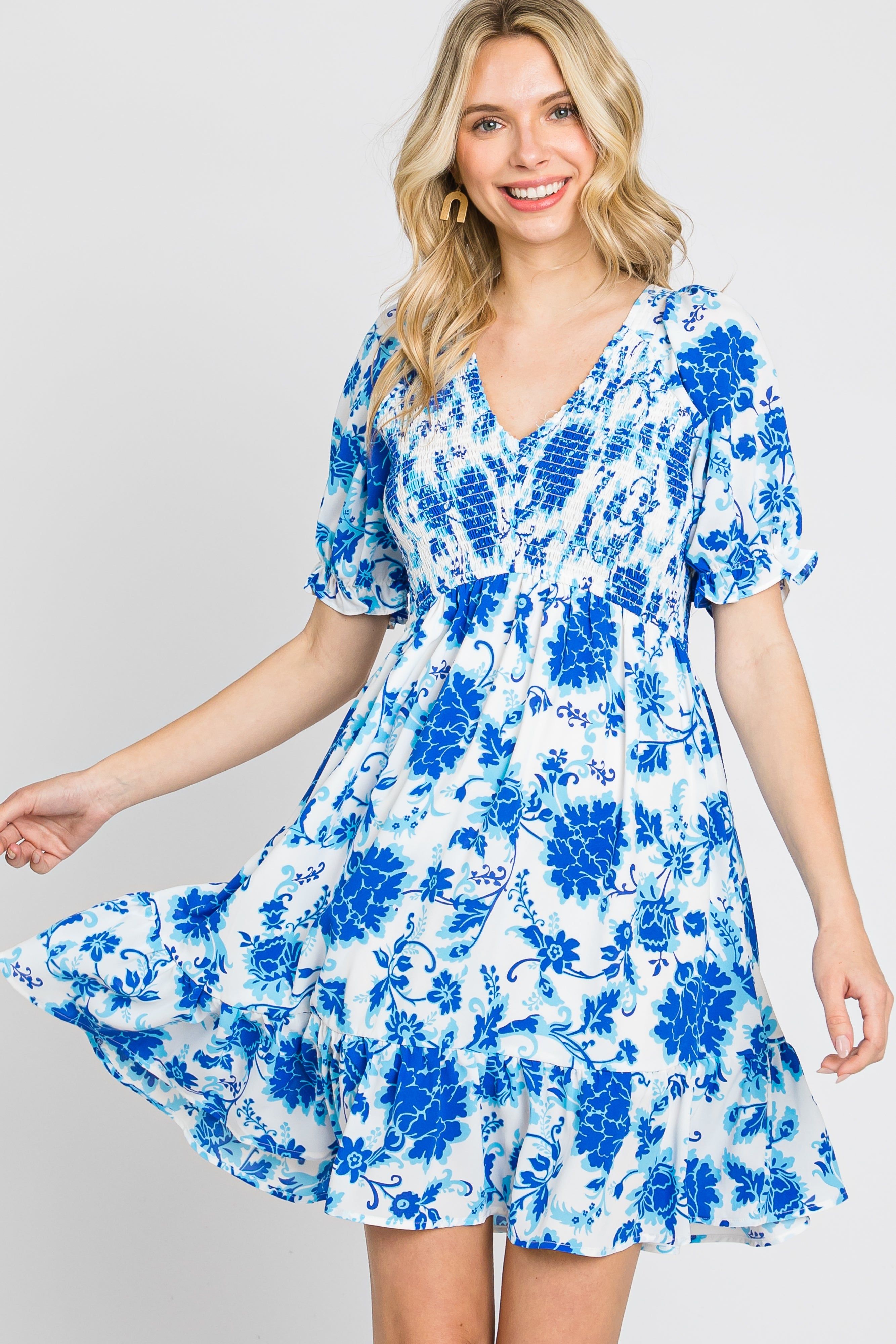 Blue Floral Smocked Puff Sleeve Dress sold by Pinkblush