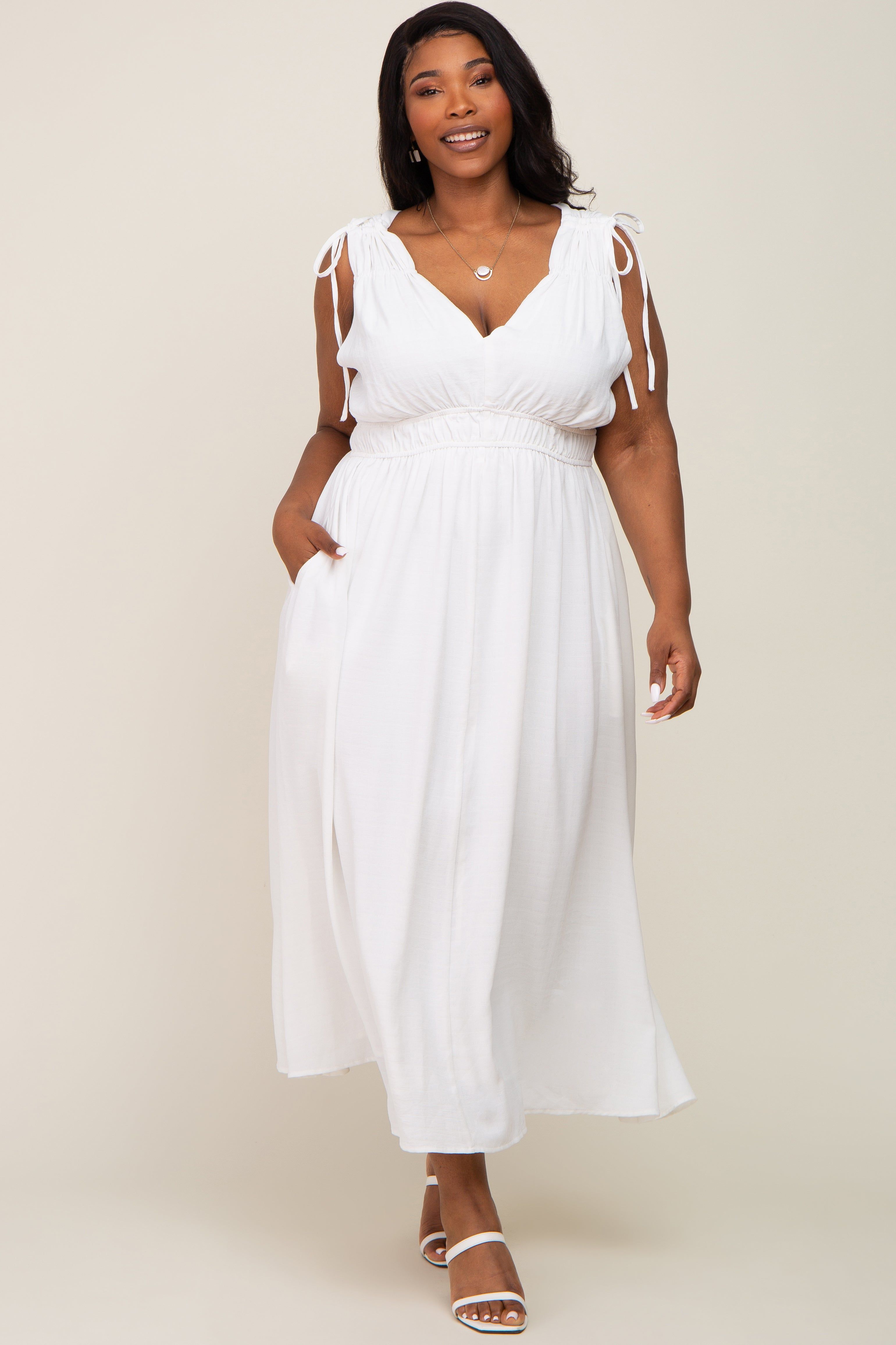 White V-Neck Drawstring Shoulder Plus Midi Dress sold by Pinkblush product image thumbnail 4
