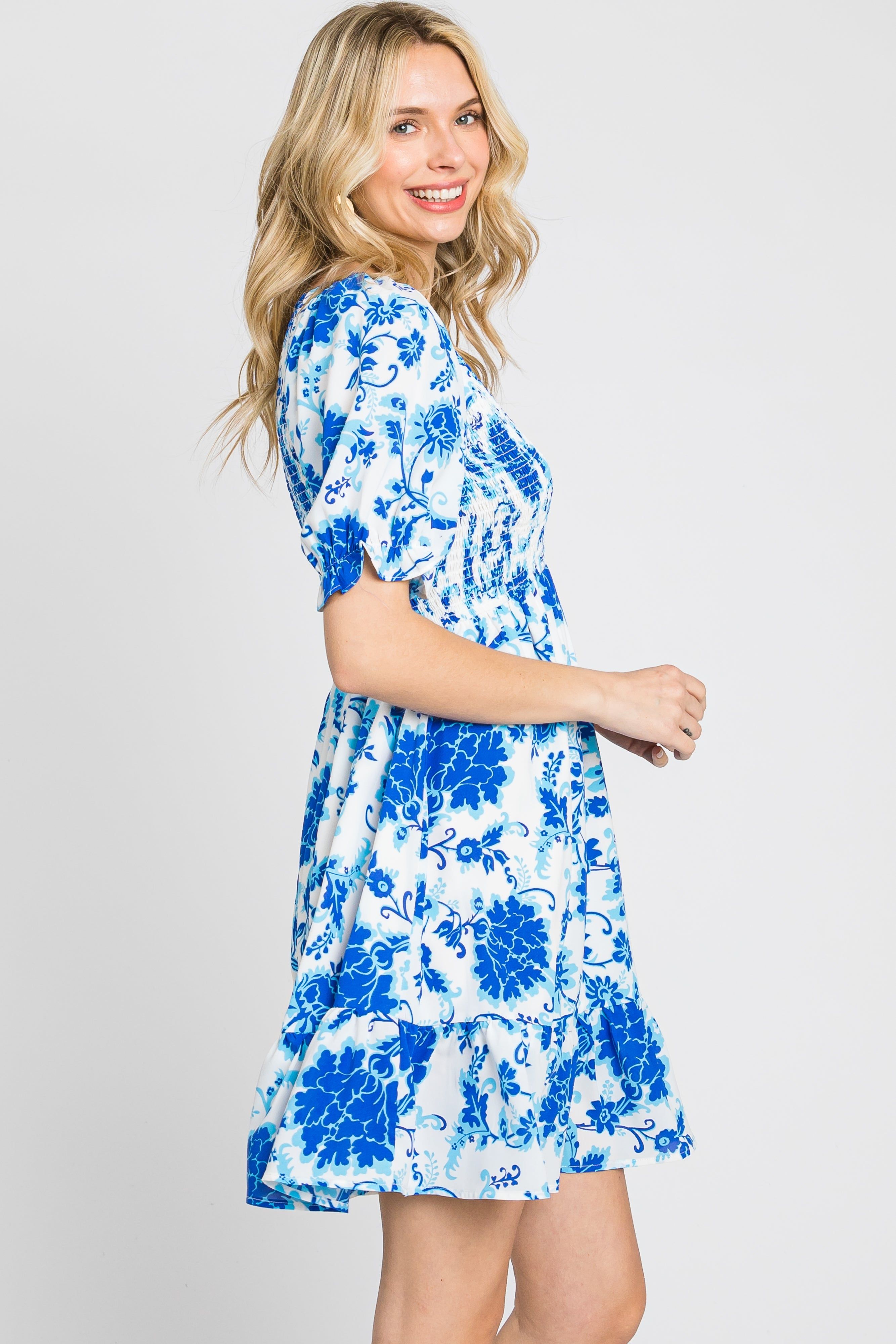 Blue Floral Smocked Puff Sleeve Dress sold by Pinkblush product image thumbnail 2