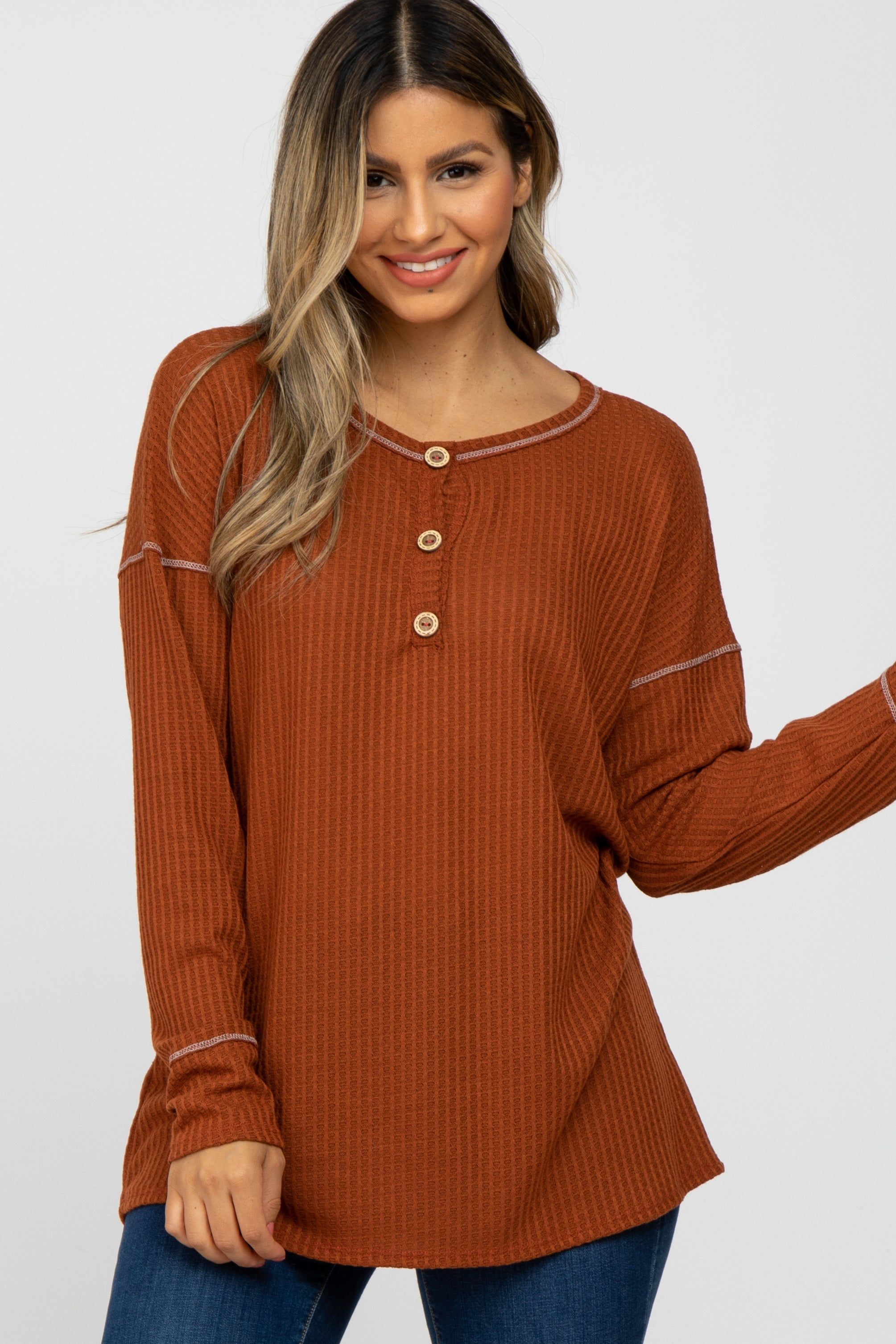 Rust Waffle Knit Long Sleeve Top sold by Pinkblush