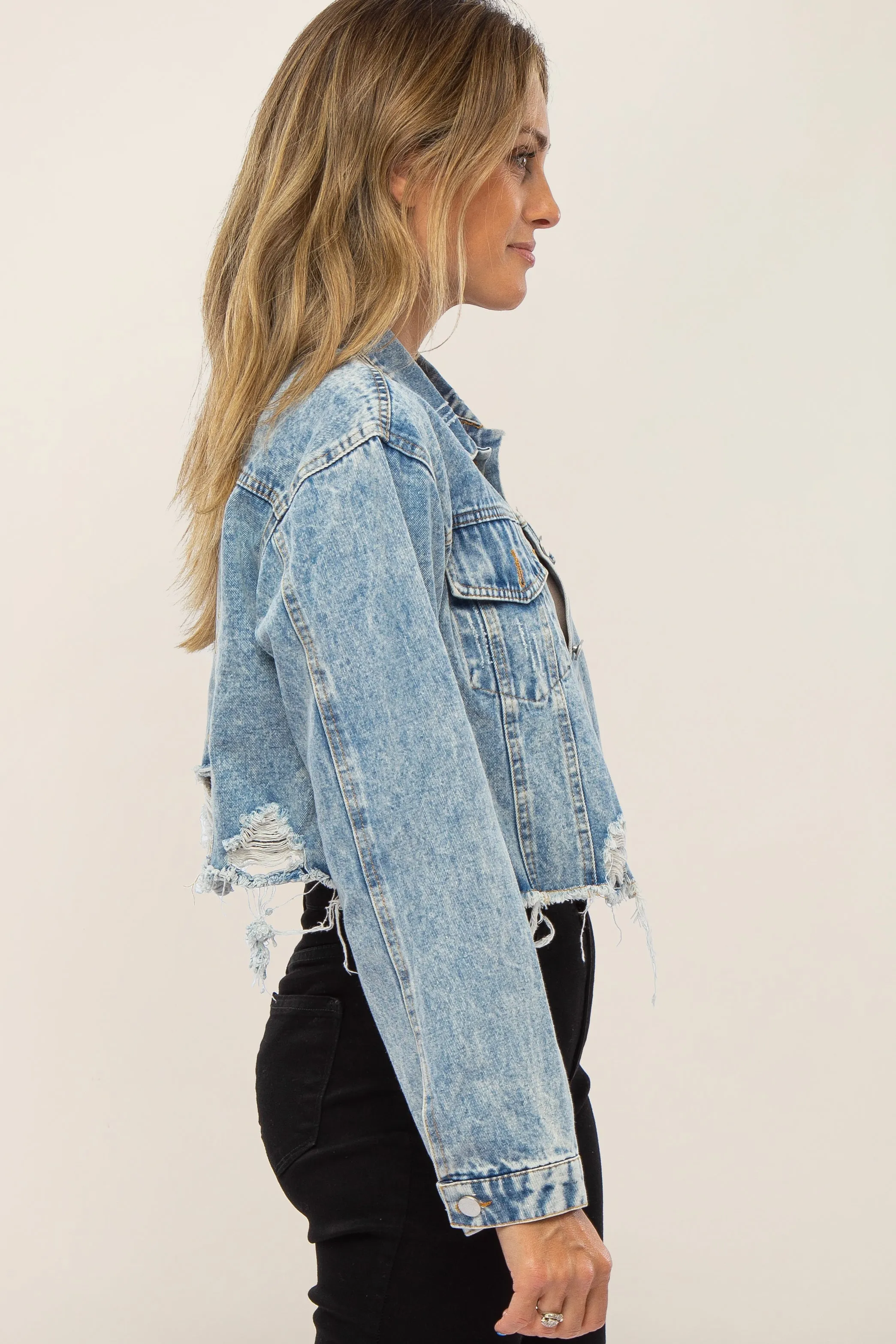 Light Blue Distressed Cropped Denim Jacket sold by Pinkblush product image thumbnail 3