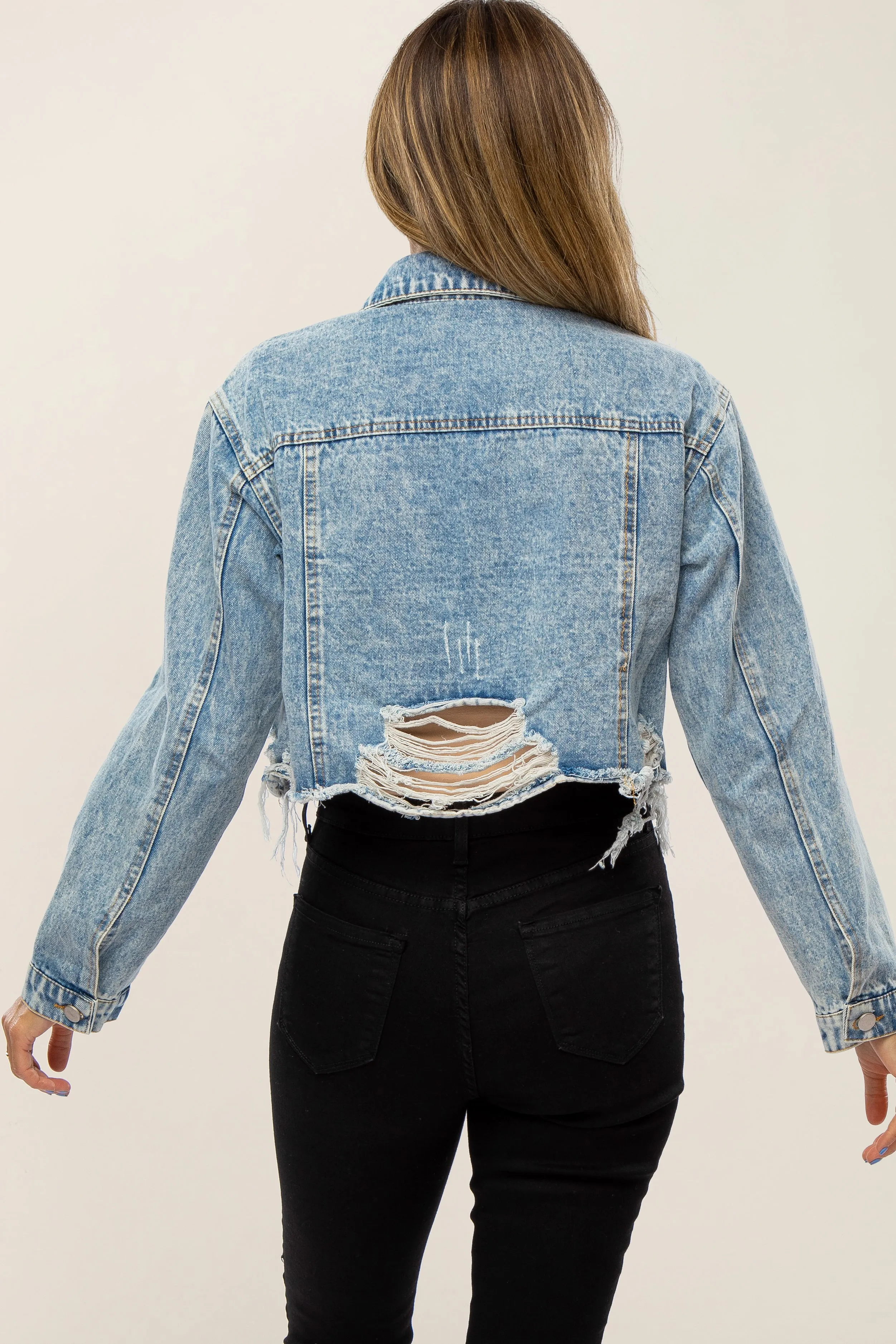 Light Blue Distressed Cropped Denim Jacket sold by Pinkblush product image thumbnail 4