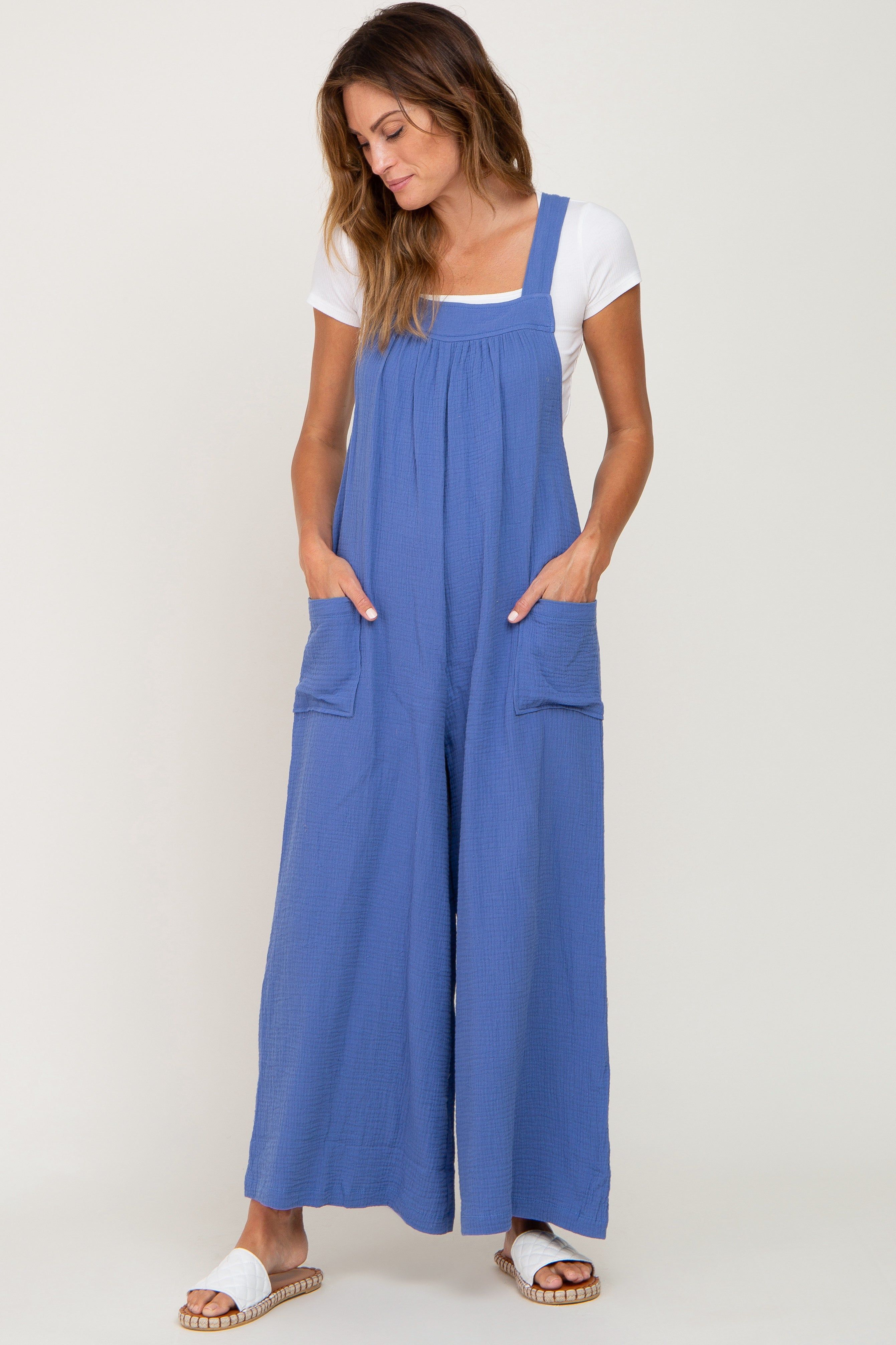 Blue Wide Leg Tie Back Overalls sold by Pinkblush