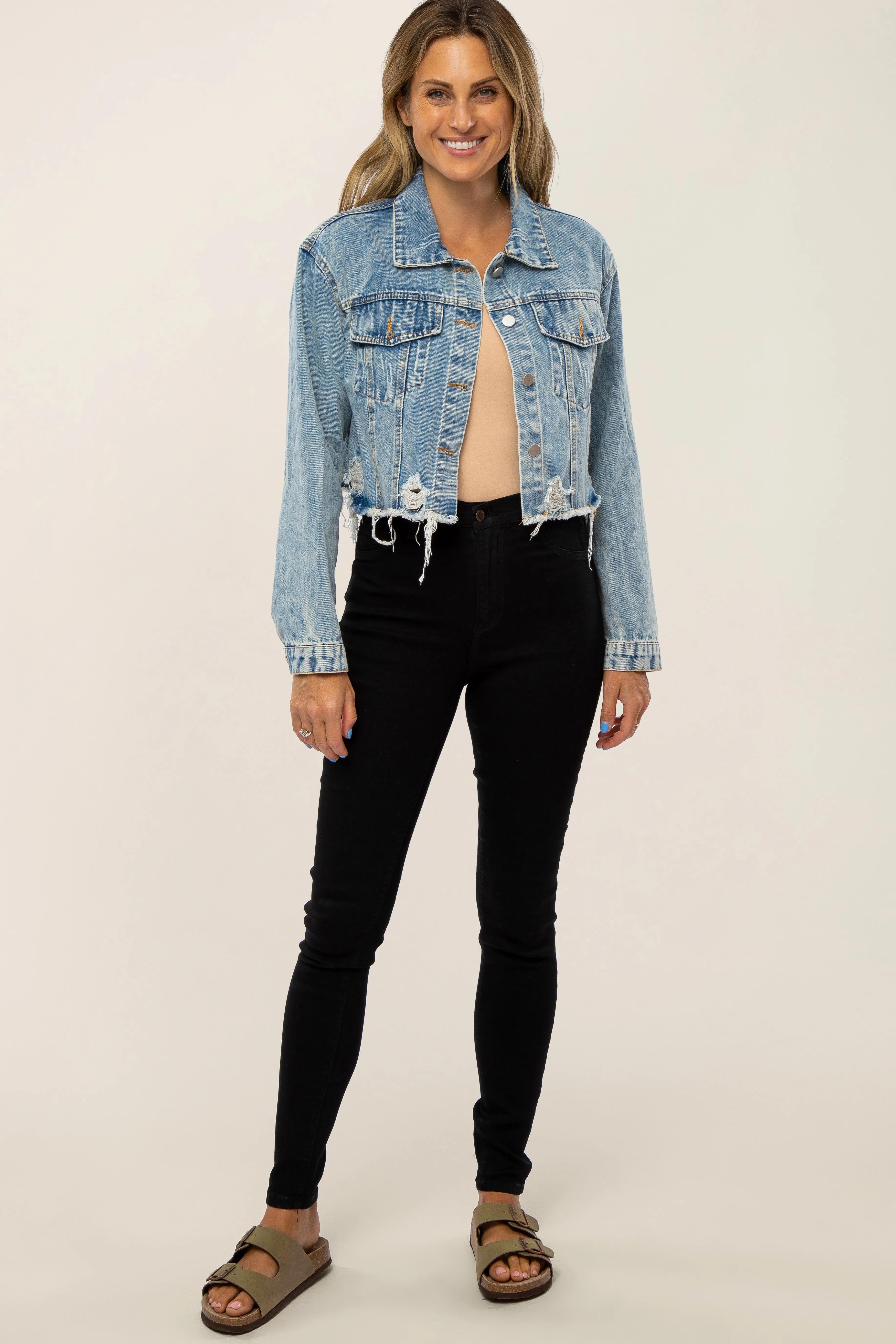 Light Blue Distressed Cropped Denim Jacket sold by Pinkblush product image thumbnail 2