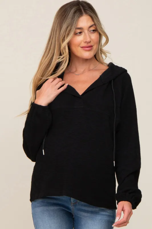 Black V-Neck Drawstring Hooded Maternity Top sold by Pinkblush