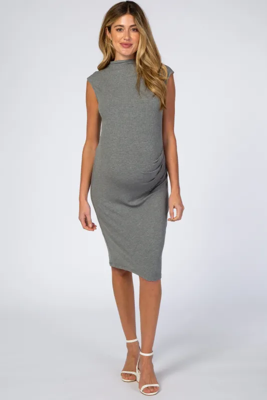 Grey Ribbed Mock Neck Fitted Maternity Dress sold by Pinkblush
