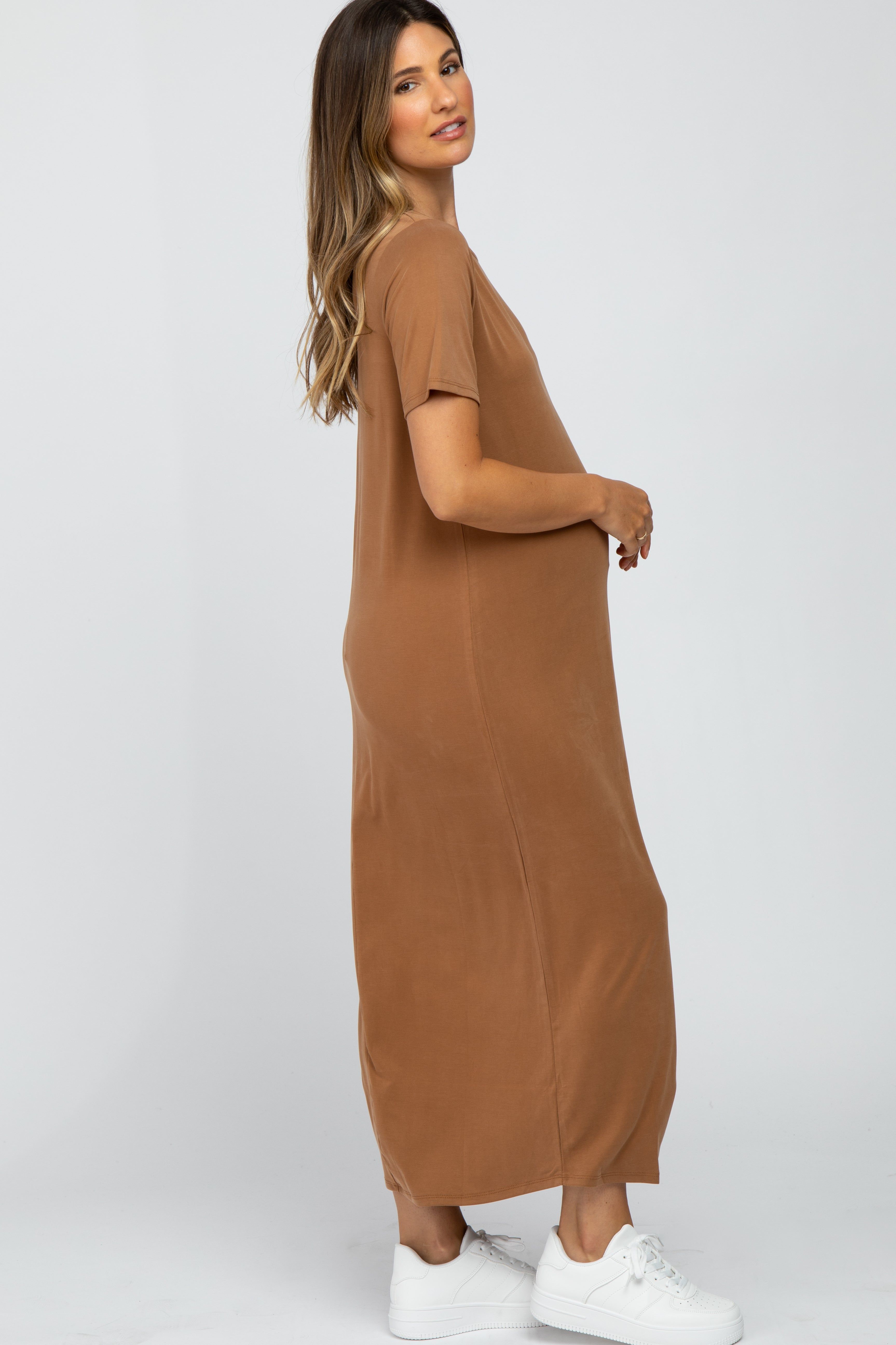 Camel Short Sleeve Maternity MIdi Dress sold by Pinkblush product image thumbnail 2