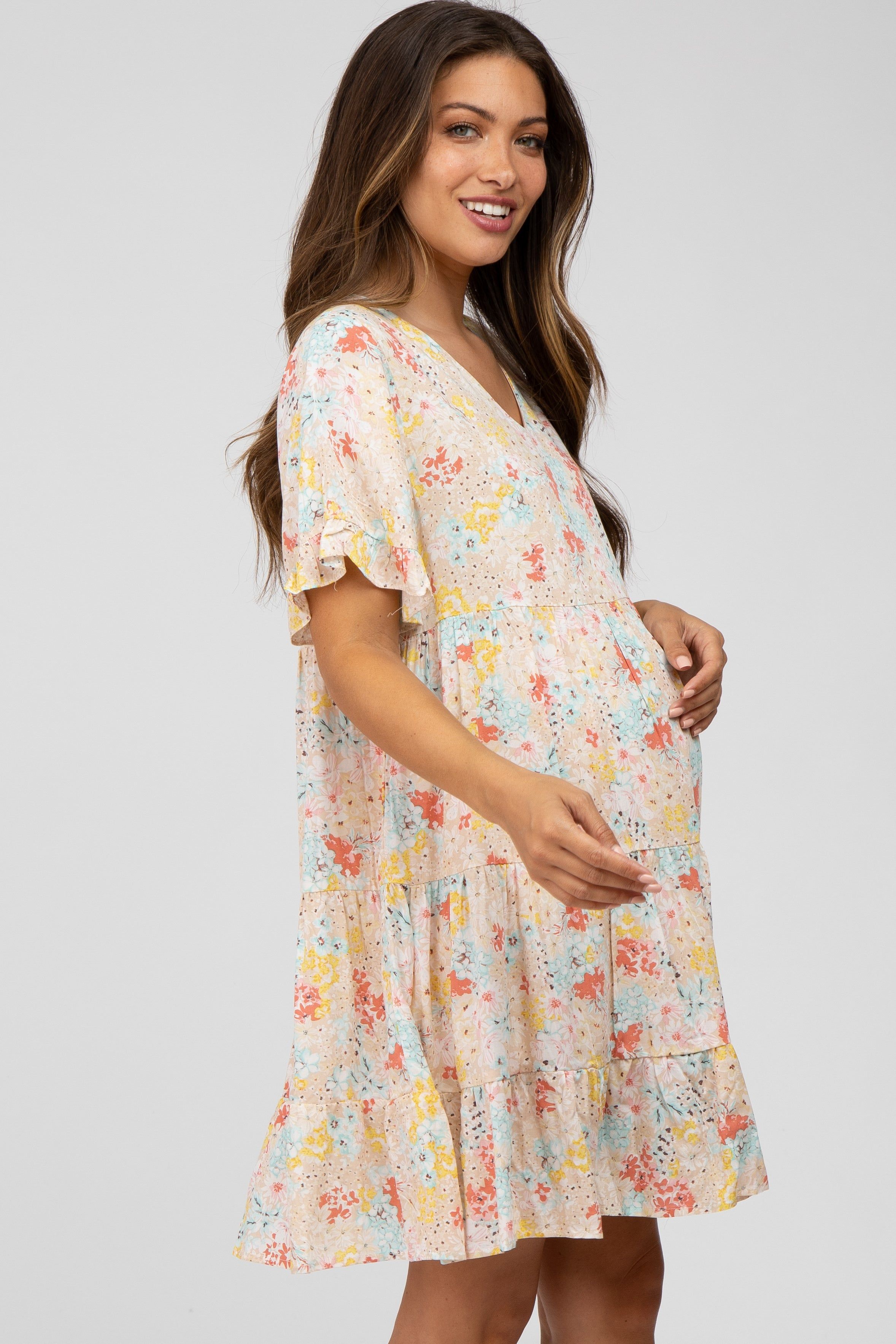 Beige Floral Tiered Maternity Dress sold by Pinkblush product image thumbnail 3