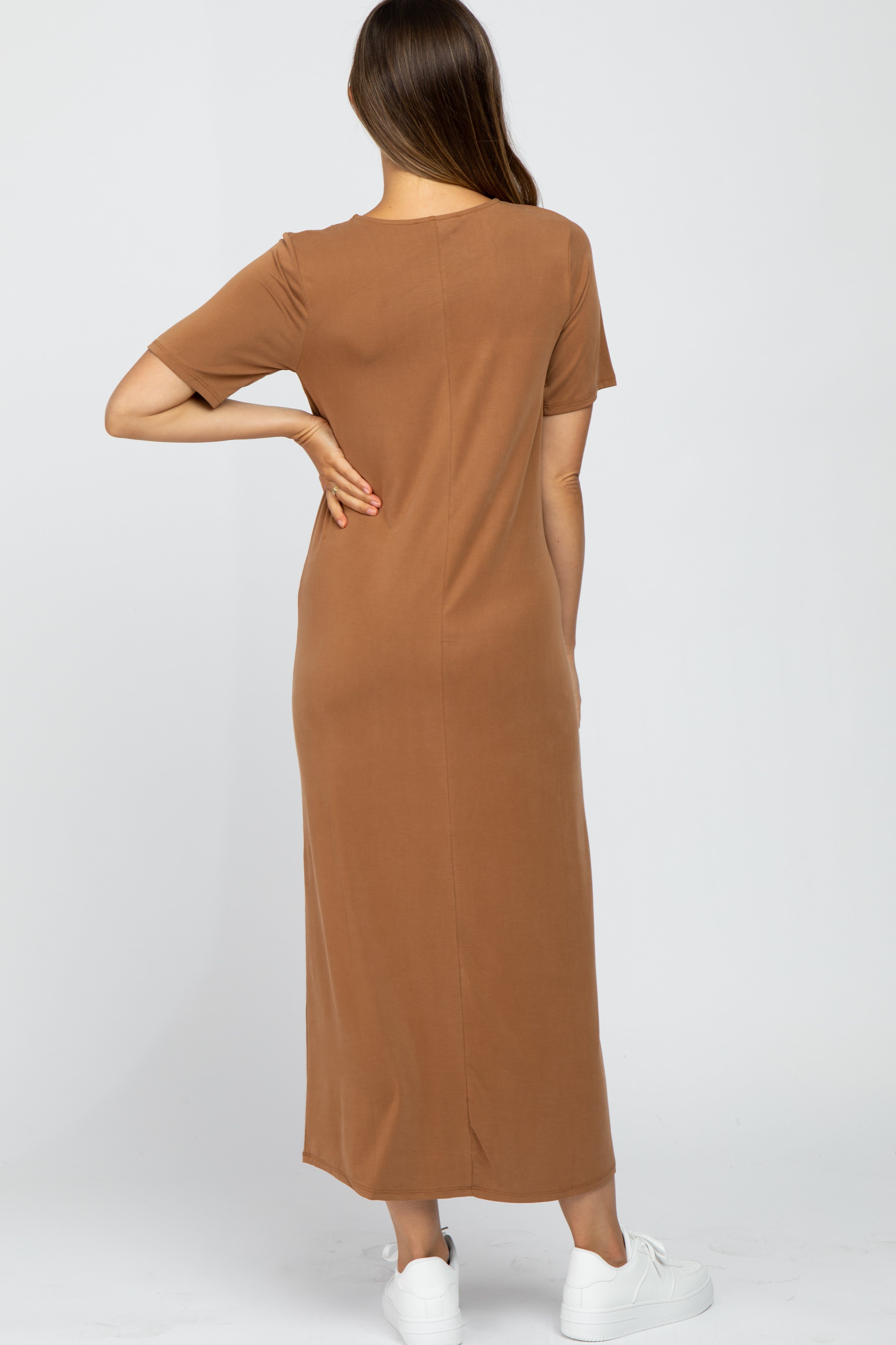 Camel Short Sleeve Maternity MIdi Dress sold by Pinkblush product image thumbnail 3