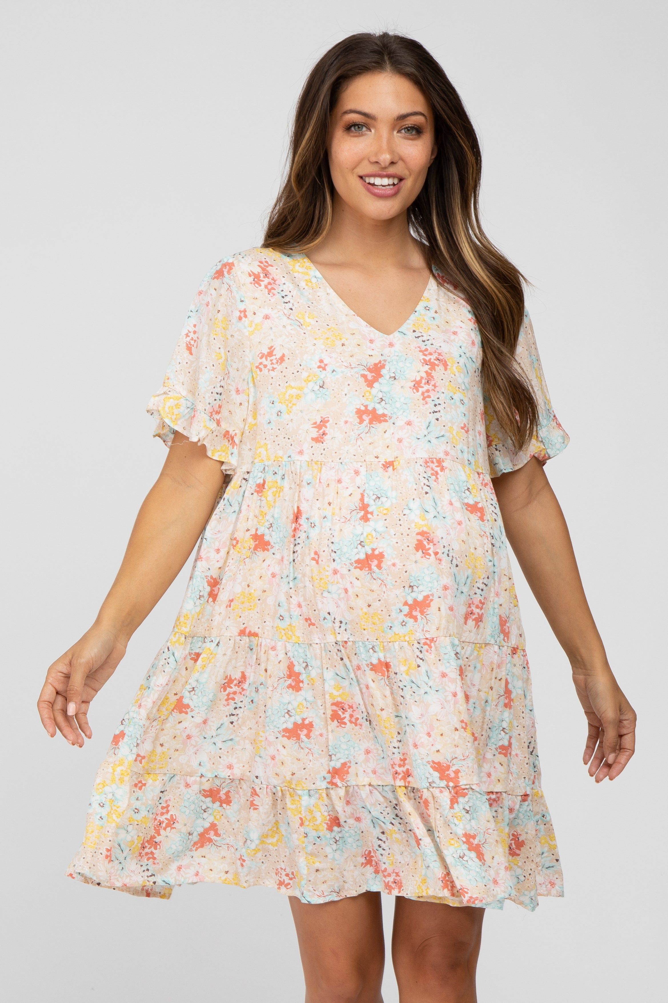 Beige Floral Tiered Maternity Dress sold by Pinkblush