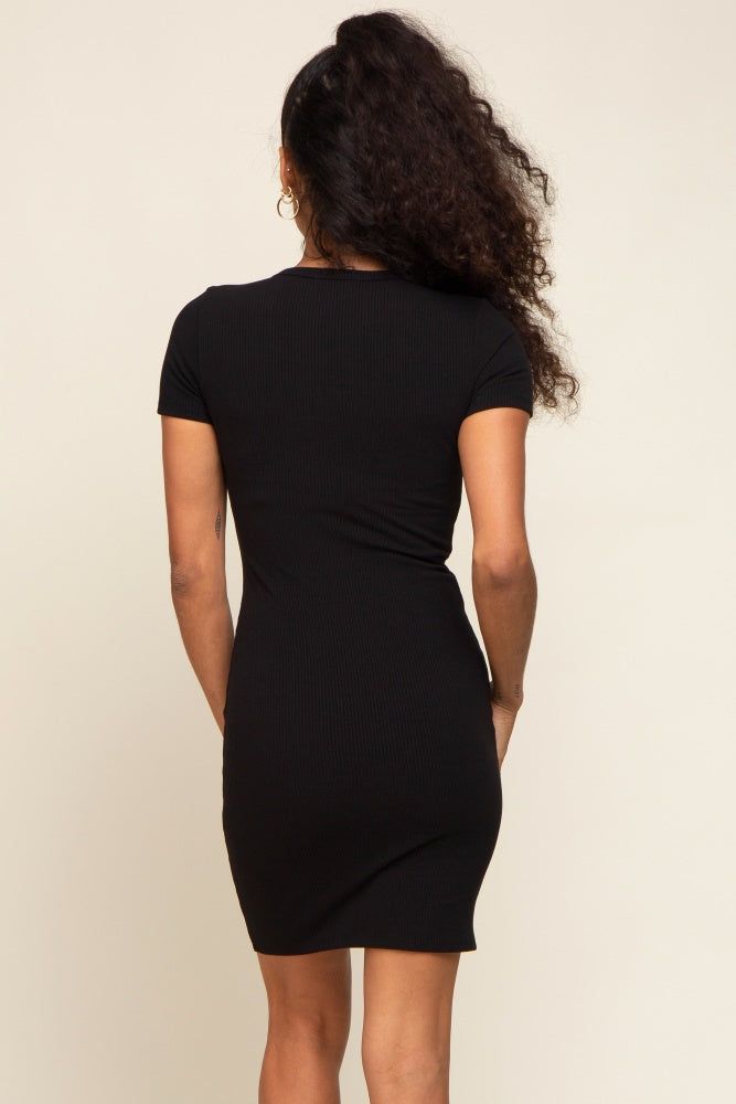 Black Split Neck Ribbed Fitted Dress sold by Pinkblush product image thumbnail 3