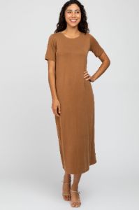 Camel Short Sleeve Maternity MIdi Dress sold by Pinkblush