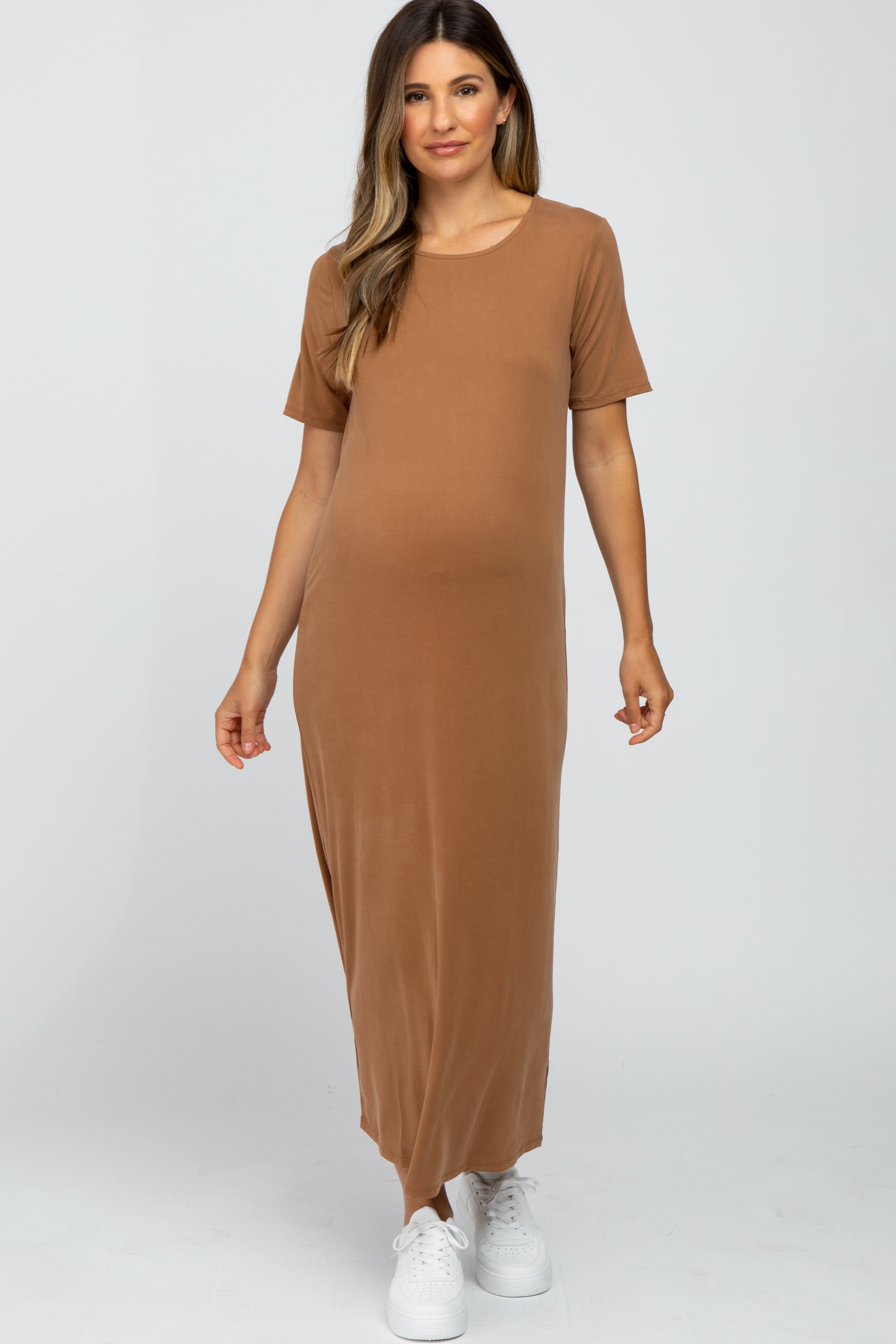 Camel Short Sleeve Maternity MIdi Dress sold by Pinkblush