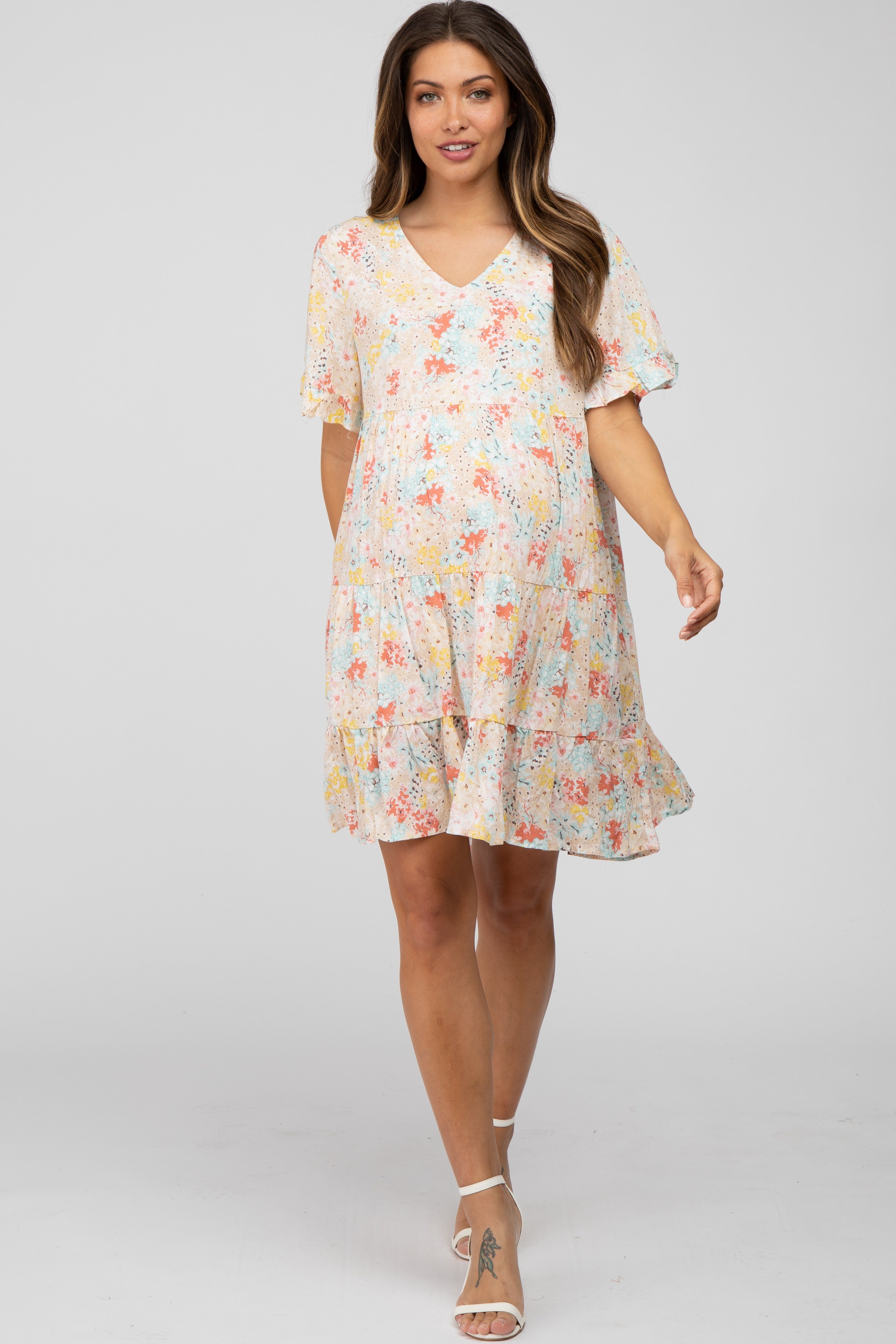 Beige Floral Tiered Maternity Dress sold by Pinkblush product image thumbnail 2