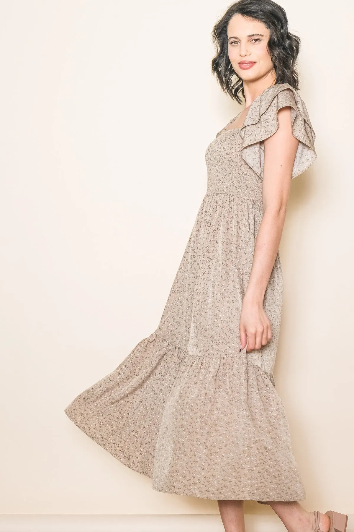 Mocha Floral Flutter Sleeve Tiered Dress sold by Pinkblush product image thumbnail 3