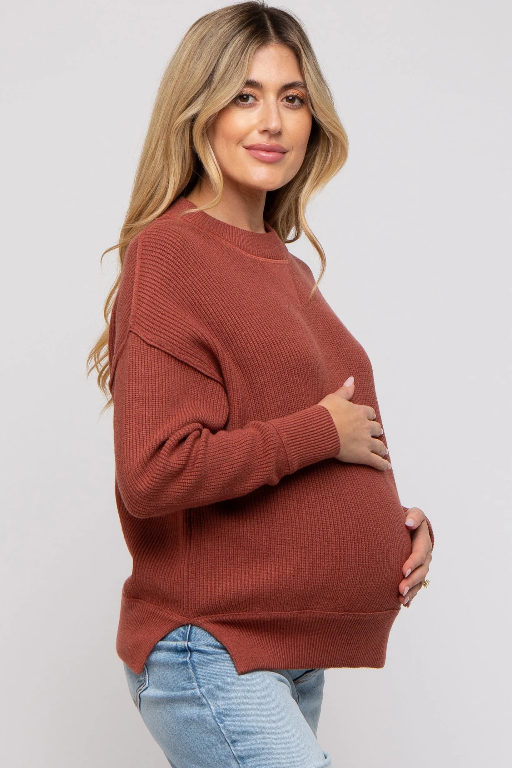 Rust Knit Side Slit Maternity Sweater sold by Pinkblush product image thumbnail 4