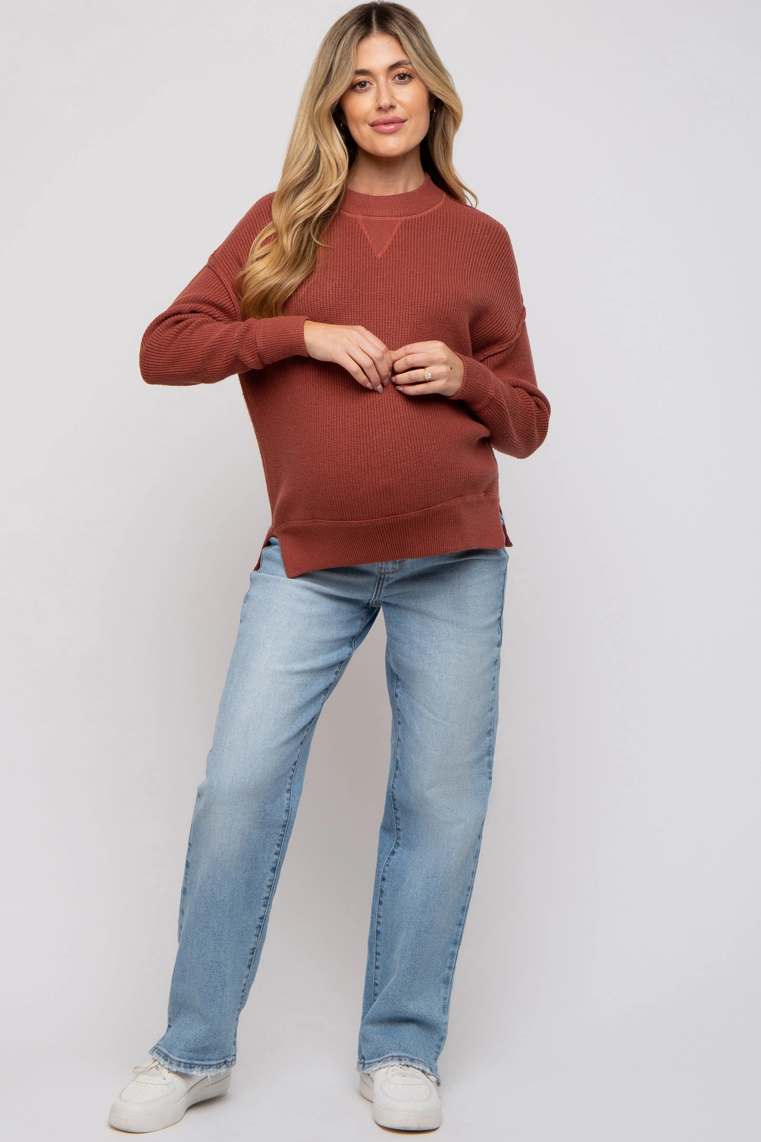 Rust Knit Side Slit Maternity Sweater sold by Pinkblush
