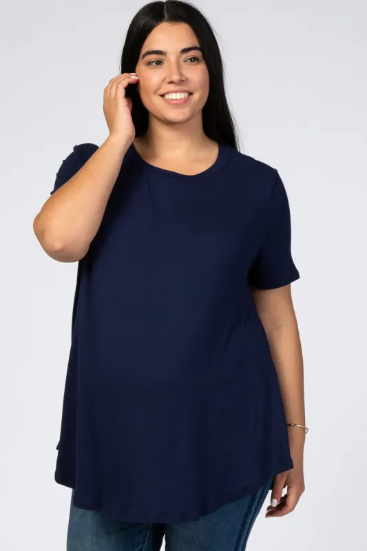 Navy Blue Round Hem Short Sleeve Maternity Plus Top sold by Pinkblush