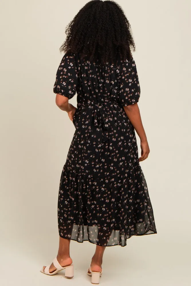 Black Floral Smocked Sash Tie Midi Dress sold by Pinkblush product image thumbnail 3