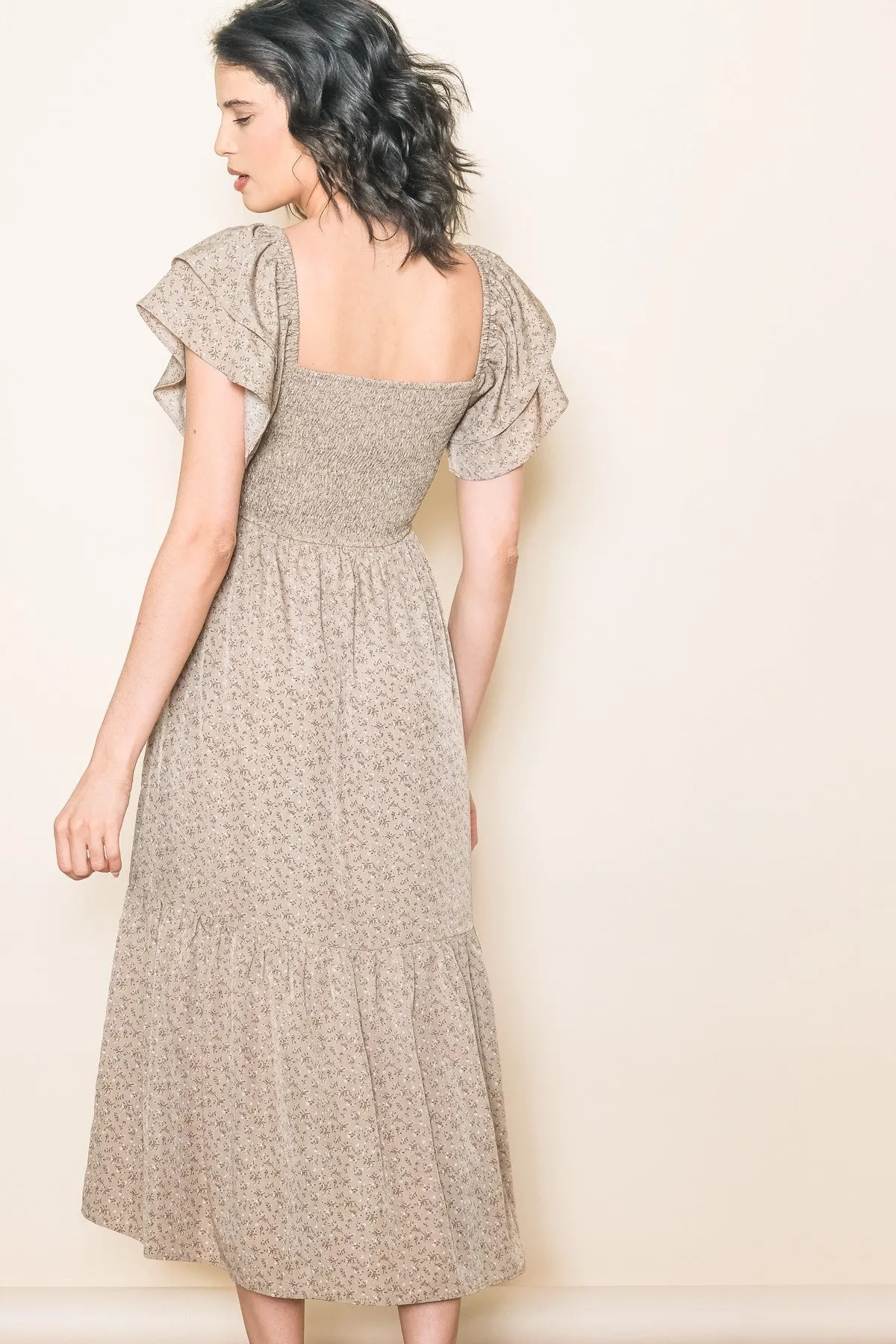 Mocha Floral Flutter Sleeve Tiered Dress sold by Pinkblush product image thumbnail 4