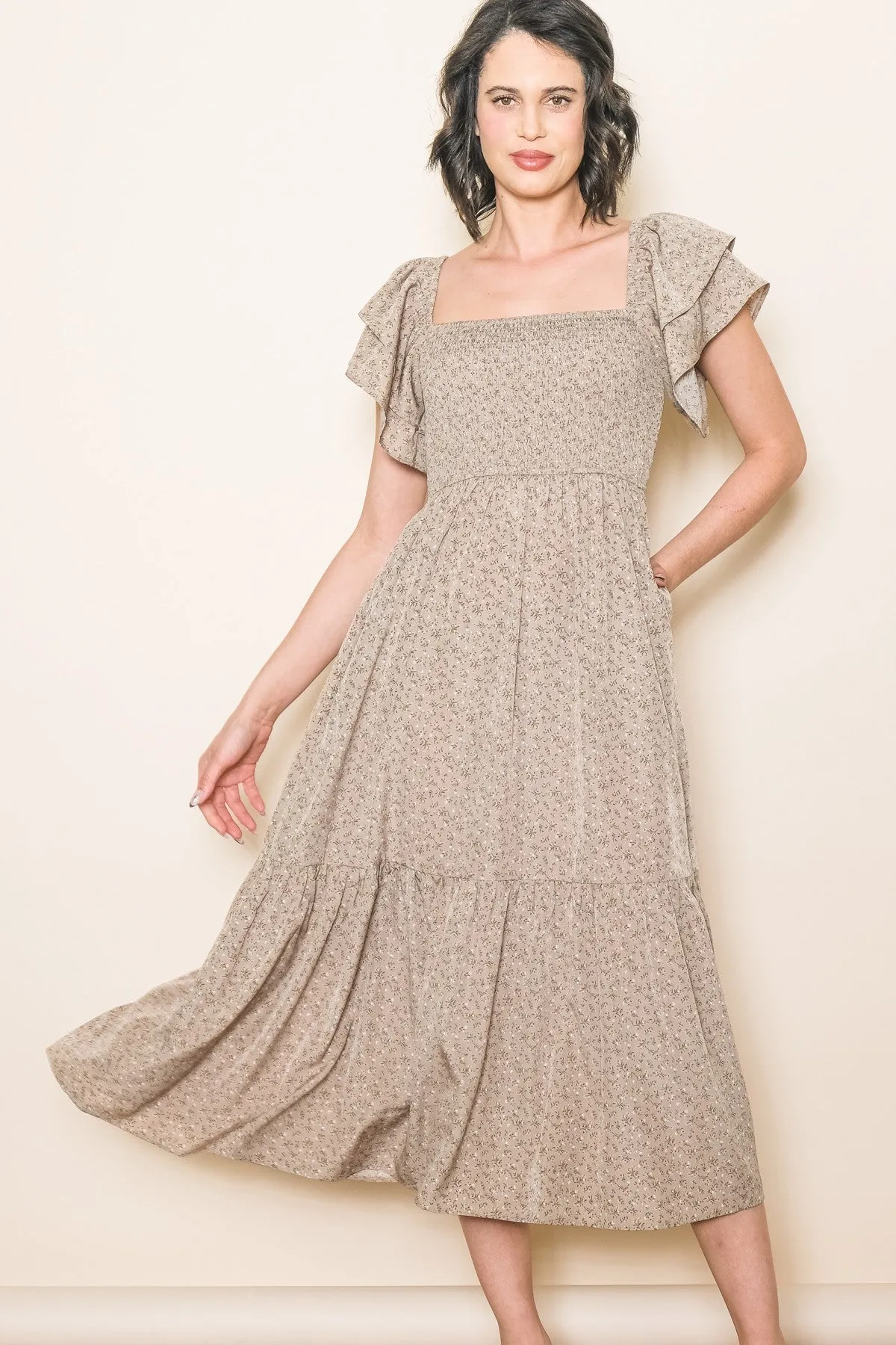 Mocha Floral Flutter Sleeve Tiered Dress sold by Pinkblush