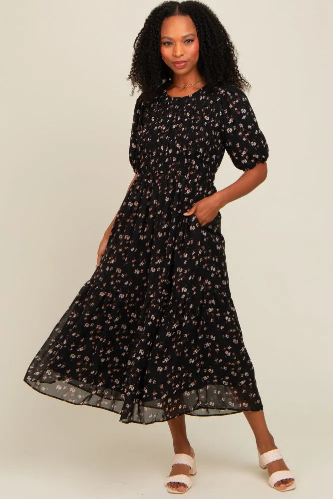 Black Floral Smocked Sash Tie Midi Dress sold by Pinkblush product image thumbnail 4