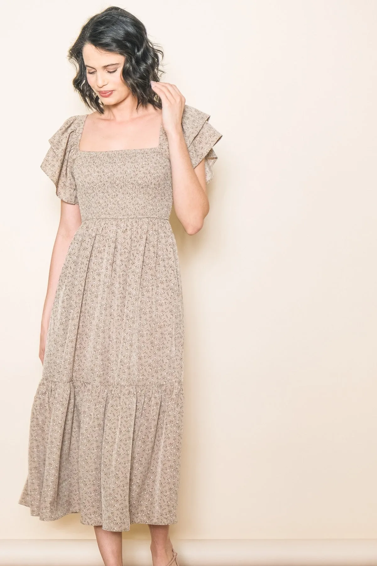 Mocha Floral Flutter Sleeve Tiered Dress sold by Pinkblush product image thumbnail 2
