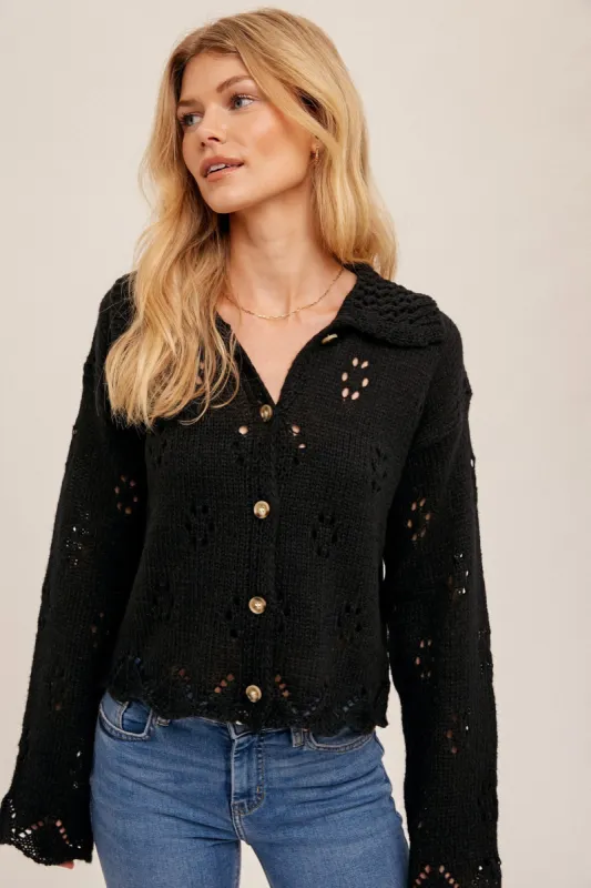 Black Pointelle Collared Button Down Sweater Cardigan sold by Pinkblush