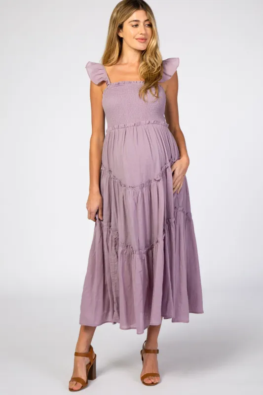Lavender Smocked Ruffle Accent Maternity Dress sold by Pinkblush